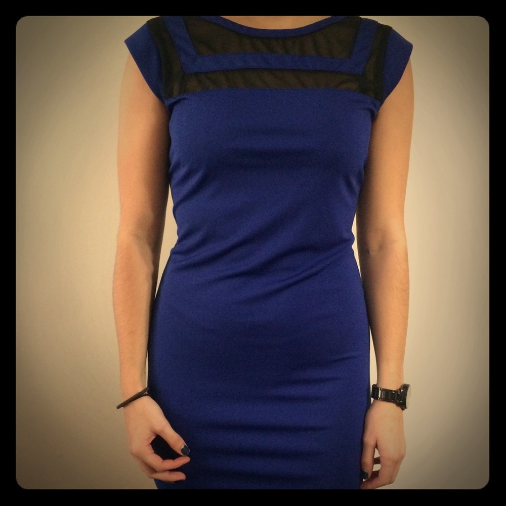 Cobalt dress with black mesh detailing at neckline